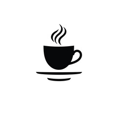 Vector logo a black silhouette coffee cup with steam, in a minimalist style, centrally positioned on a white background. The design features geometric shapes, clean lines, and a focus on symmetry