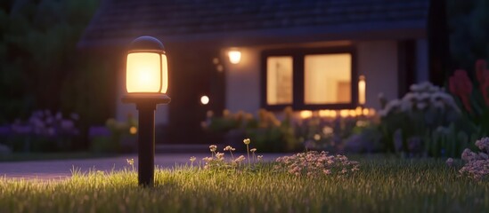 Tranquil evening scene of a suburban home illuminated by a glowing lantern