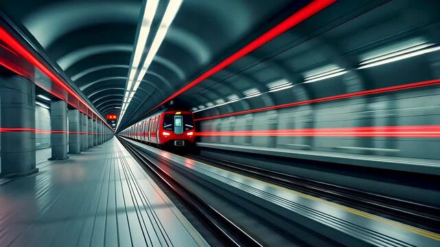 Futuristic empty subway tunnel with motion blur and glowing red train lights