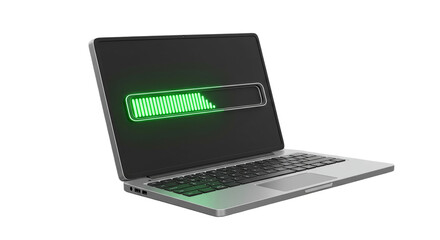 A laptop displaying a green charging bar on its screen against a black background in a studio shot