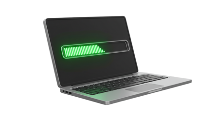 A laptop displaying a green charging bar on its screen against a black background in a studio shot