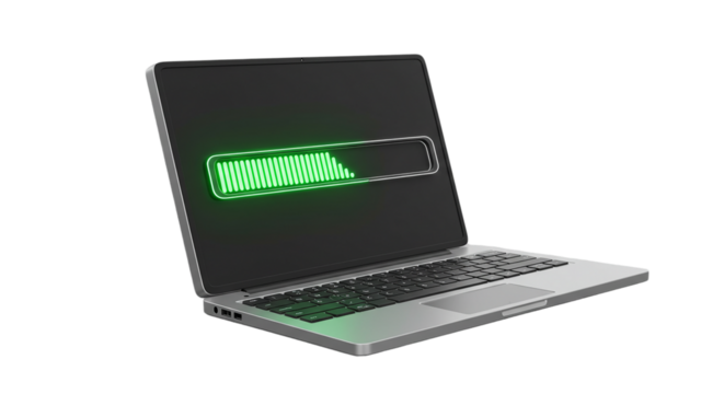 A laptop displaying a green charging bar on its screen against a black background in a studio shot