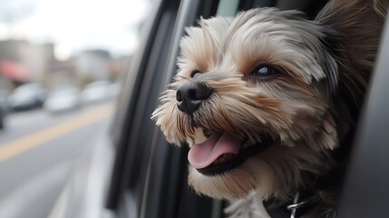 Happy dog with its head out of the car window, enjoying the breeze, capturing the joy of traveling with a pet.  