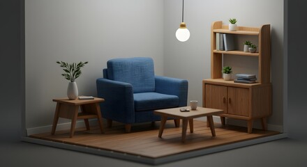Fototapeta premium A cozy corner with a blue armchair and wooden furniture pieces