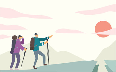 hiking paid off to see sunset. hiker to the top of mountains and saw beautiful sunset concept. vector illustration