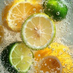 Fresh Citrus Fruits Splashing in Sparkling Water with Bubbles and Bright Zestful Colors to Refresh and Energize Your Day