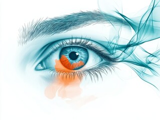 Glowing Teal Eye with Abstract Orange Watercolor Accents