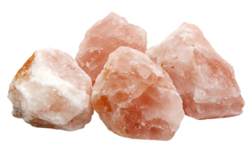 Himalayan pink salt crystals, isolated on a clean white background, highlighting their unique color and texture 
