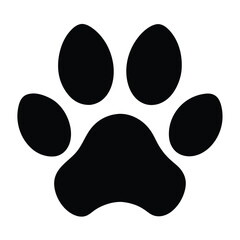 A solitary black paw print is centered on a stark white background.
