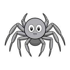 A playful cartoon spider in shades of grey and black, sporting a friendly smile, with eight spindly legs and large, expressive eyes, exuding charm and cheer.