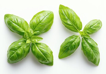 Fresh Green Basil Leaves Isolated on White Background for Culinary, Herbal, and Medicinal Use, Showcasing Vibrant Color and Texture