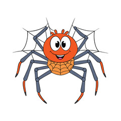 A cute, funny cartoon spider with big googly eyes, a mischievous smile, and tiny legs, hanging from a web in a playful pose, ready for fun and giggles.