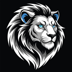 A striking black and white profile of a lion's head with piercing blue eyes emerges from a deep black background.
