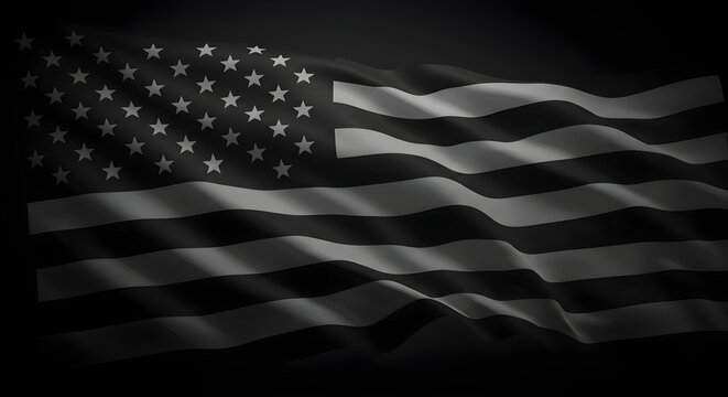 American flag with a wavy effect, rendered in black and dark gray tones