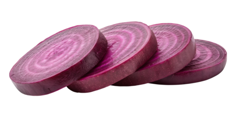Red Onion Slices: Four thick slices of red onion,  revealing its vibrant purple hues and intricate concentric rings, lie in a row against a pure white background.
