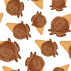 seamless pattern with icon of waffle cup with melting chocolate ice cream scoop for various summer designs