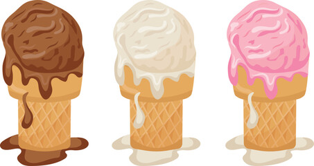 set of assorted ice creams of different flavors and colors in square waffle cups, for various summer designs