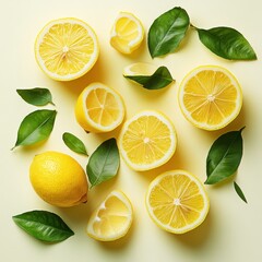 Fresh Lemons and Green Leaves Arrangement on Light Yellow Background, Perfect for Food, Cooking, and Summer Themes, Bright and Vibrant Colors for Your Design Needs