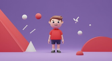 Adorable 3D Render of a Happy Boy in a Red Shirt, Playful Geometric Shapes Background