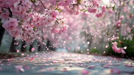 Pink Cherry Blossoms Falling on Pathway