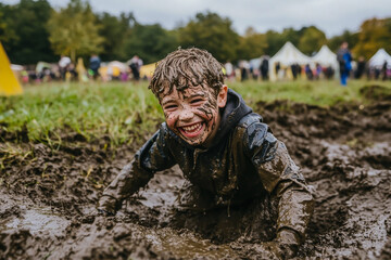 A happy boy, covered in mud, crawls through a deep, dirty mud hole at a lively outdoor festival, laughing with excitement.