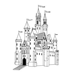 Obraz premium Enchanted Castle Illustration: A whimsical black and white illustration of a grand, majestic castle with multiple towers, intricate details, and flowing banners, promising adventure and dreams. 