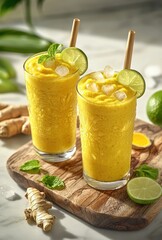 Fototapeta premium Fresh Mango Smoothie with Ginger and Mint Garnish in Elegant Glasses on Rustic Wooden Board Surrounded by Limes and Ginger Root