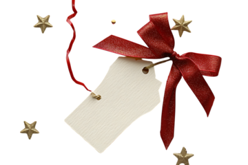 Gift tag with red ribbon and golden stars on white background.