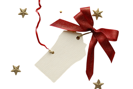 Gift tag with red ribbon and golden stars on white background.