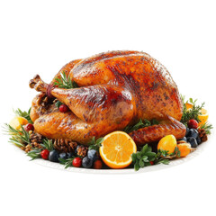 Roasted Turkey with Orange Slices and Cranberries on White Background