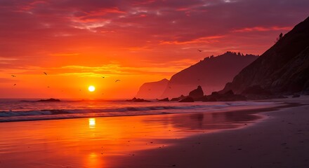 Fiery Sunset Coastline: Dramatic Ocean Landscape in Warm Hues
