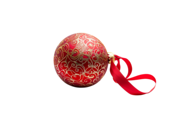 Red and gold decorative Christmas ornament ball with ribbon white or transparent background.