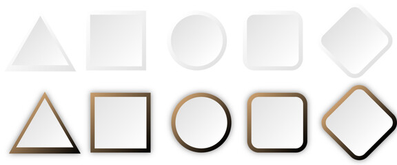 Icon set with geometric 3d white, golden gradient shape | Button set with shadow luxury model for presentation, signal, business, decoration | Creative triangle, circle, square abstract shape