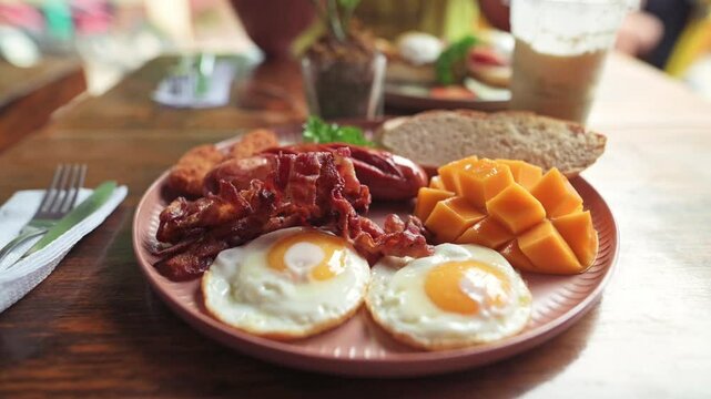 Full breakfast plate served on rustic wooden table featuring sunny-side up eggs, crispy bacon sliced sausage, hash browns mango cubes slice of bread with blurred background of cafe setting iced drink