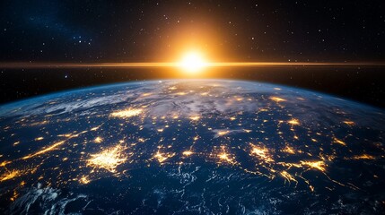 Obraz premium Stunning sunrise over Earth view from space with city lights and bright stars