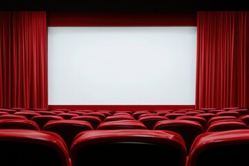 Empty movie theater.  Red seats and curtains, large blank screen