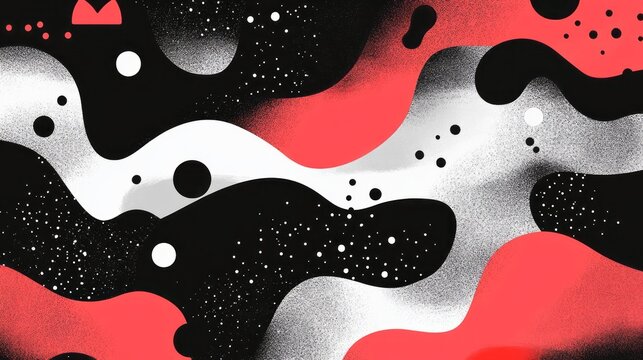 Abstract shapes in black red white and gray interplay visually