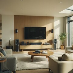 wooden living room theme large tv home audio system