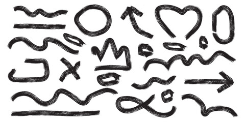 Vector set of chalk brush hand drawn grunge doodles set. Paint brush stroke, ink splatter and artistic design elements, Vector illustration.