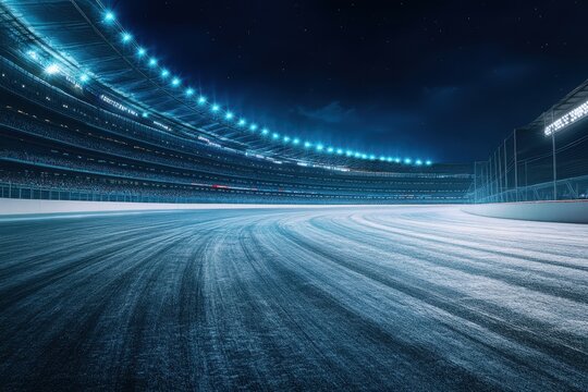 Empty race track at night, illuminated by bright lights.  A curved, paved racing track under a starlit sky is highlighted by numerous bright lights