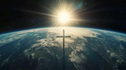 Naklejka premium Silhouette of a cross over Earth with sun rising.