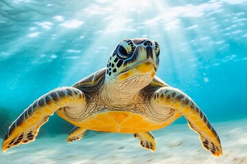 Fototapeta premium A sea turtle swimming in the blue sea in the sun
