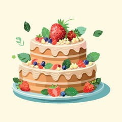 Delicious Two-Tier Strawberry Cake with Berries and Cream