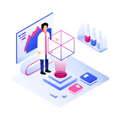 Quantum Computing Research Isometric scientist examining a glowing cube with graphs. Atmosphere is focused, futuristic. Perfect for quantum technology, science visuals