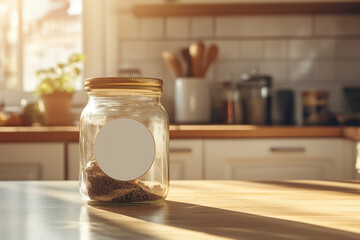 Glass Jar with Blank Label in Kitchen – Cozy Packaging Mockup
