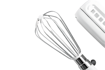 White Hand Mixer: Wire Whisk Attachment Detail on Clean Background.