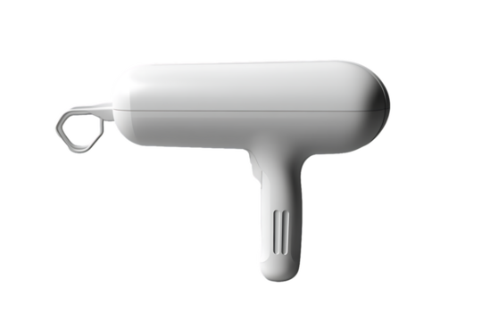 White, Minimalist Handheld Device with Trigger-Like Handle and Rectangular Opening, Isolated.
