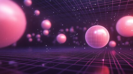 Pink Spheres Floating Above A Grid With Glowing Particles 3D Illustration