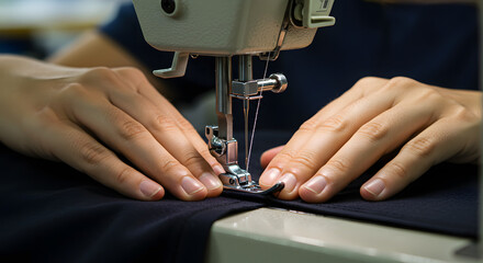 Close-up of hands skillfully guiding fabric through a sewing machine in a well-lit workshop, showcasing the art of tailoring