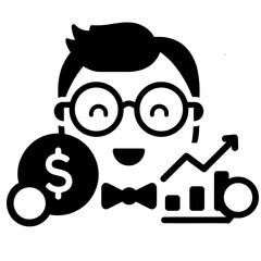 minimalistic app icon with a mascot-like design. The mascot is a nerdy character with glasses and a bow tie. It is holding a dollar sign and a chart